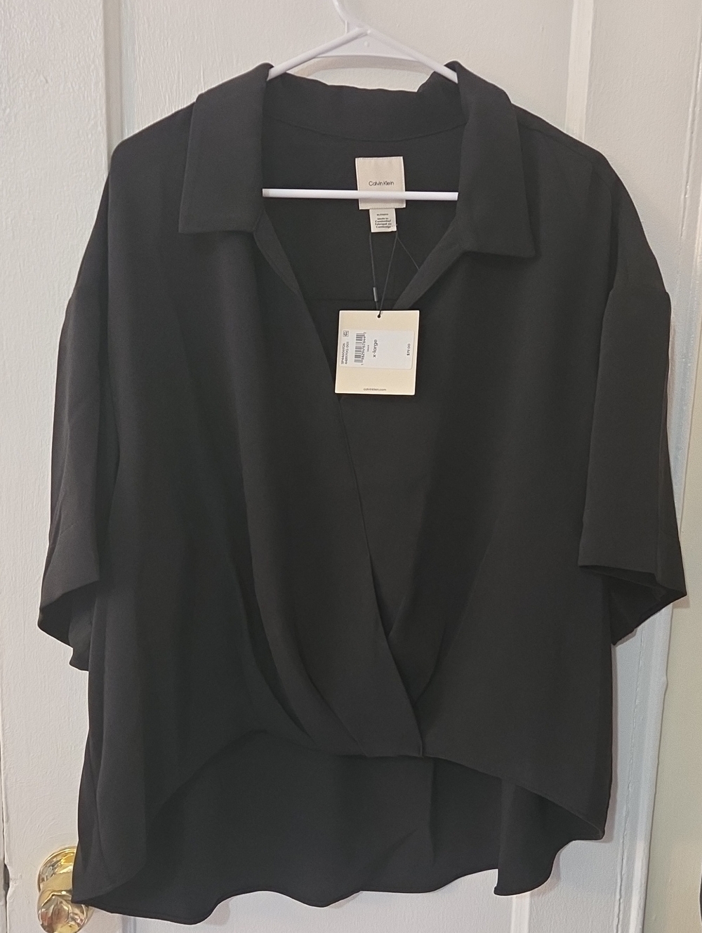 Calvin Klein Black Short-Sleeve Draped Button-Down Blouse